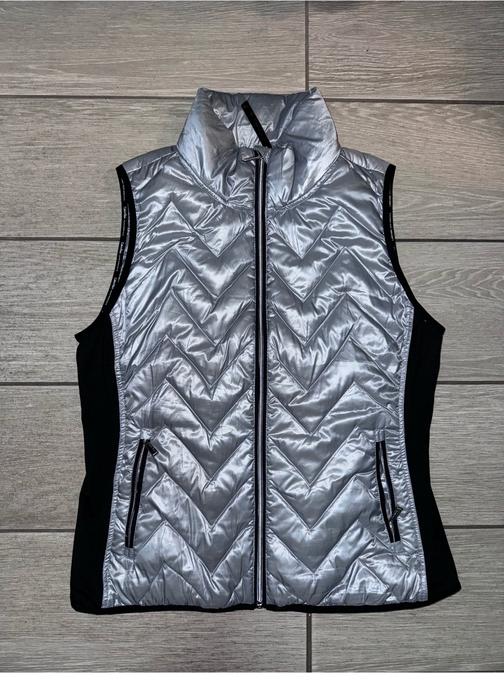 Calvin Klein Silver Quilted Vest with Black Side Panels
